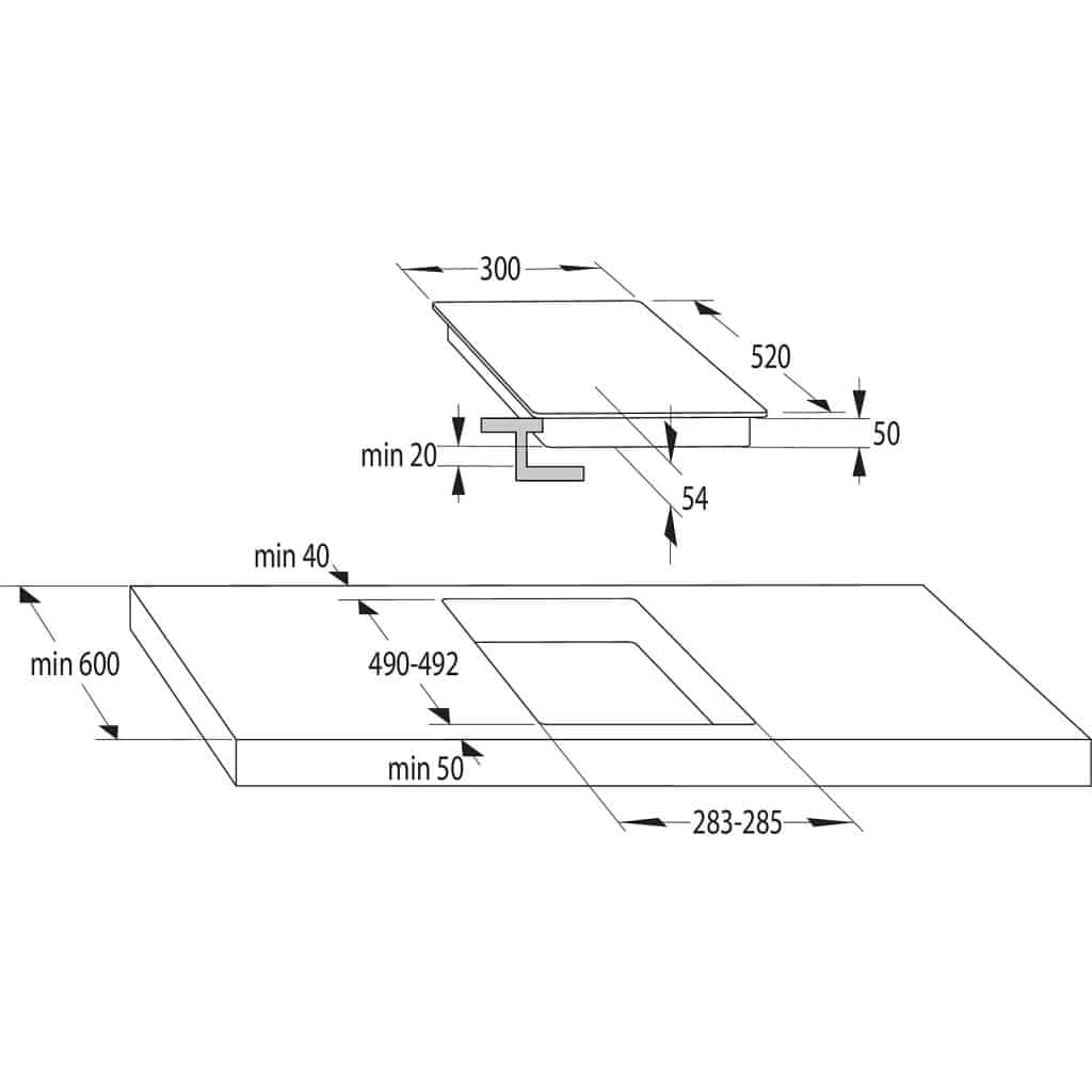 Schematische Zeichnung zum Einbau eines Induktions Kochfelds