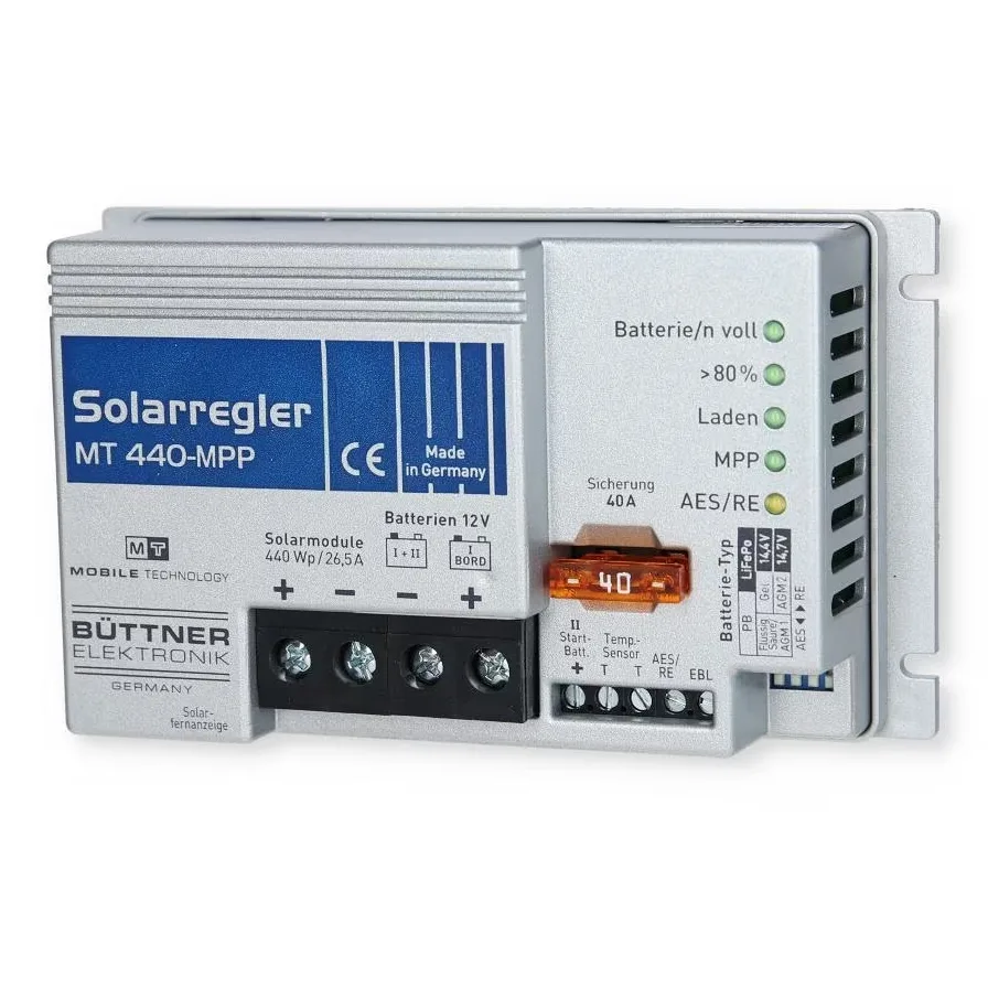 Produktbeispiel für einen Solarregler. Hier wird der Solar-Laderegler MT 440-MPP der Firma Büttner dargestellt. Ideal für Wohnmobil Solaranlagen.