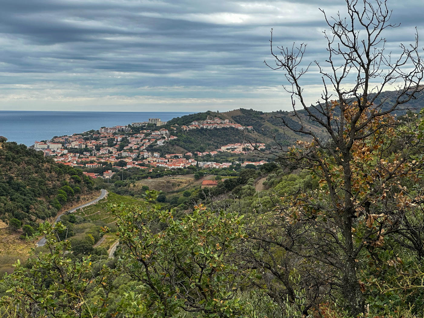 Blick auf Banyuls-sur-Mare auf dem Weg zum Tour de Madeloc in den Pyrenäen am Mollo Pass
