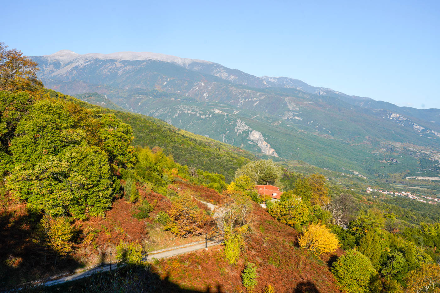 Ausblick von Palaiós Panteleímonas auf den Olymp